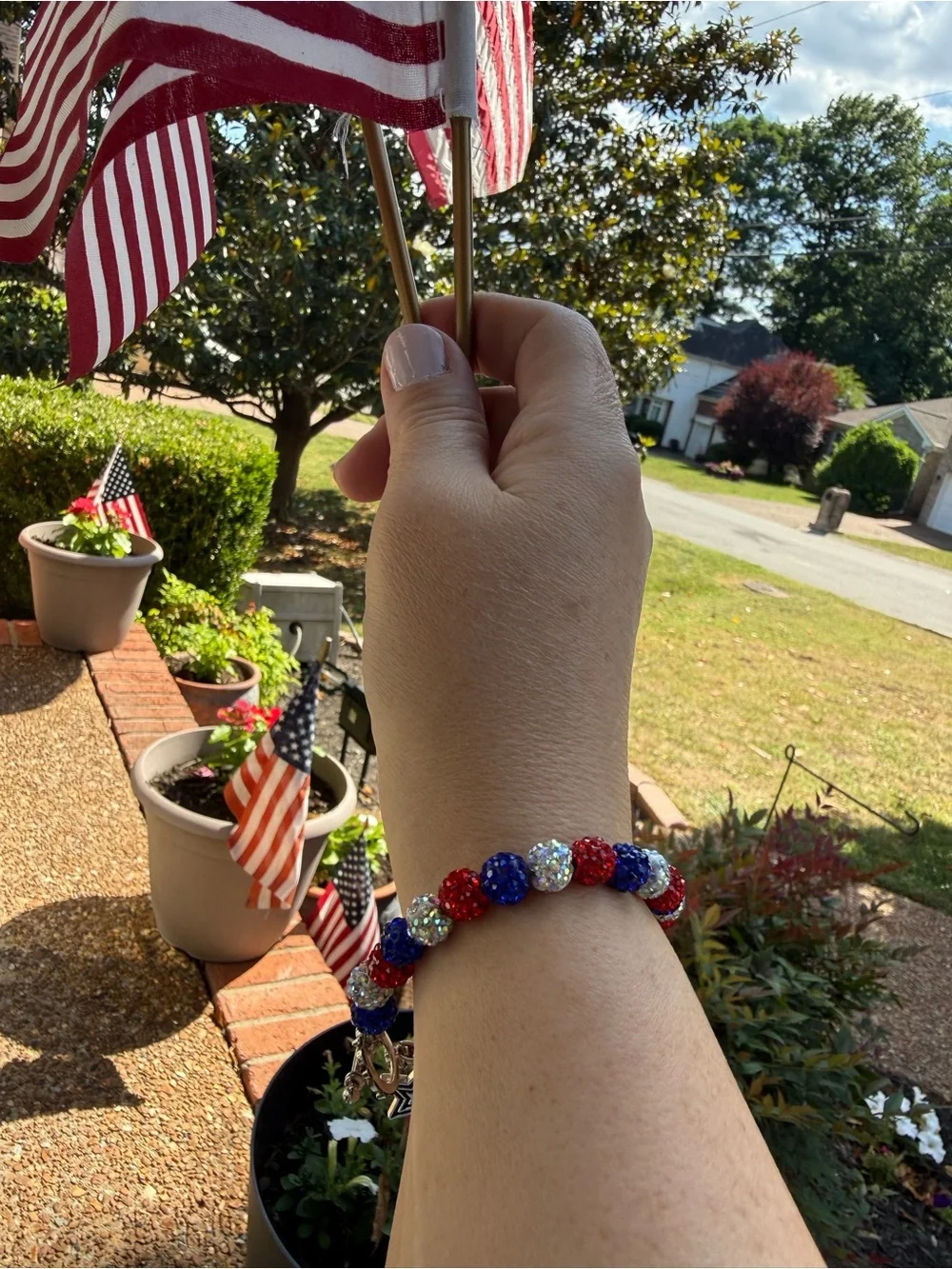 Artisan Crafted Patriotic Red White Blue Rhinestone USA Bracelet w/ Toggle Clasp